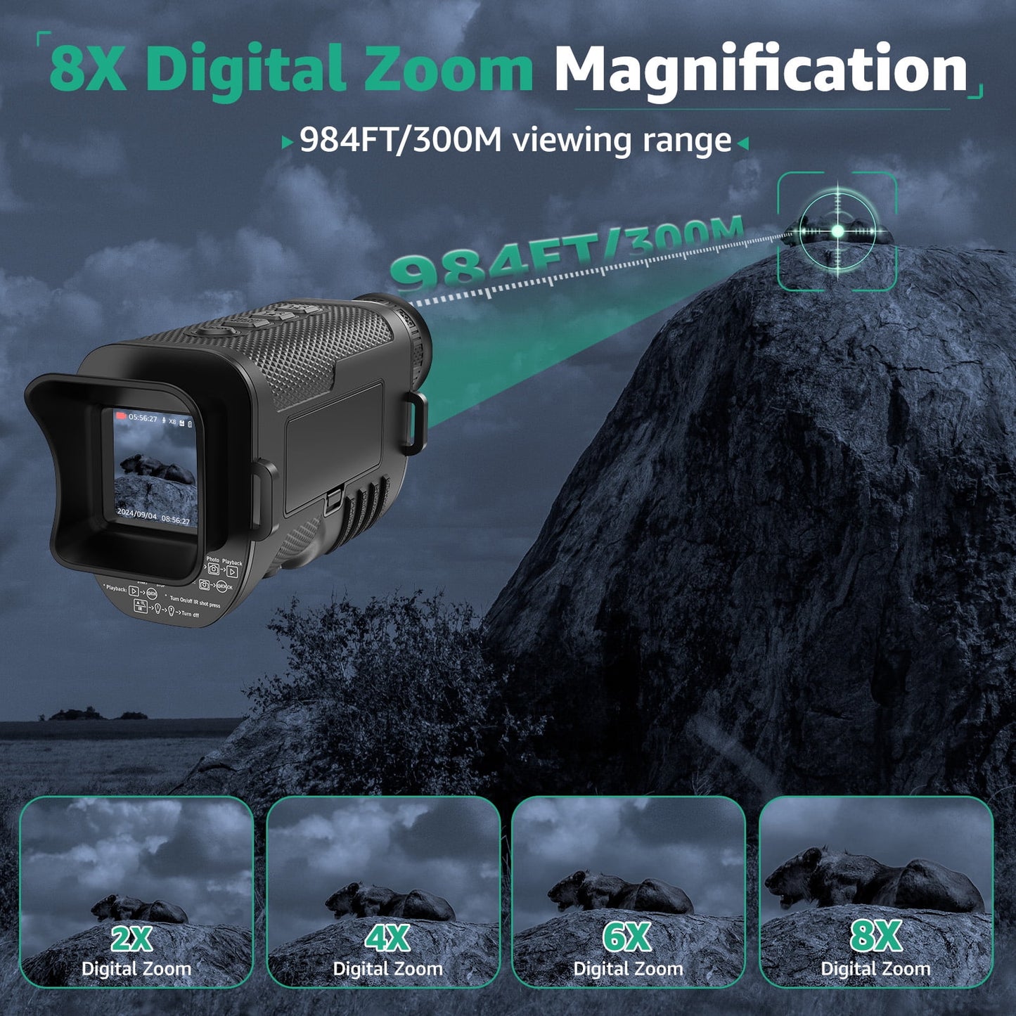 Night Vision Monocular, 8X Digital Zoom, 100% Darkness Infrared Night Vision Monocular for Adult Hunting Camping, 32G