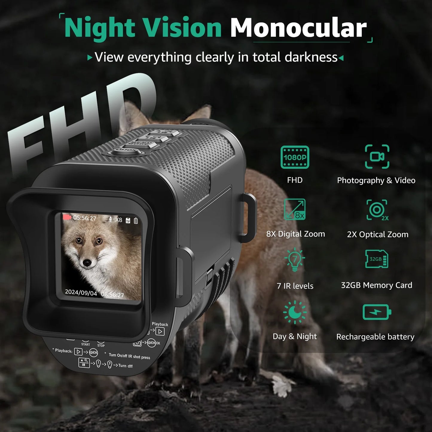 Night Vision Monocular, 8X Digital Zoom, 100% Darkness Infrared Night Vision Monocular for Adult Hunting Camping, 32G