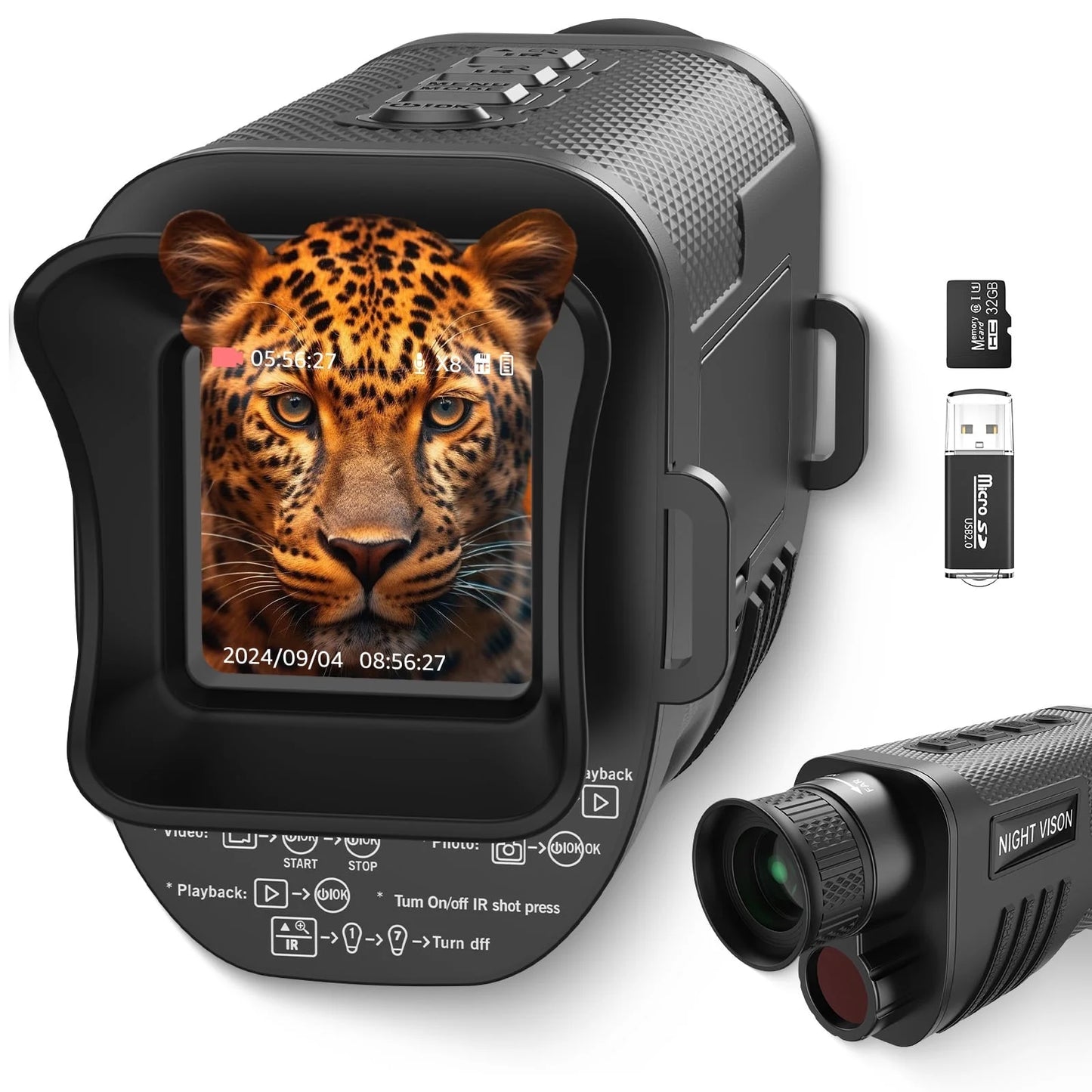 Night Vision Monocular, 8X Digital Zoom, 100% Darkness Infrared Night Vision Monocular for Adult Hunting Camping, 32G